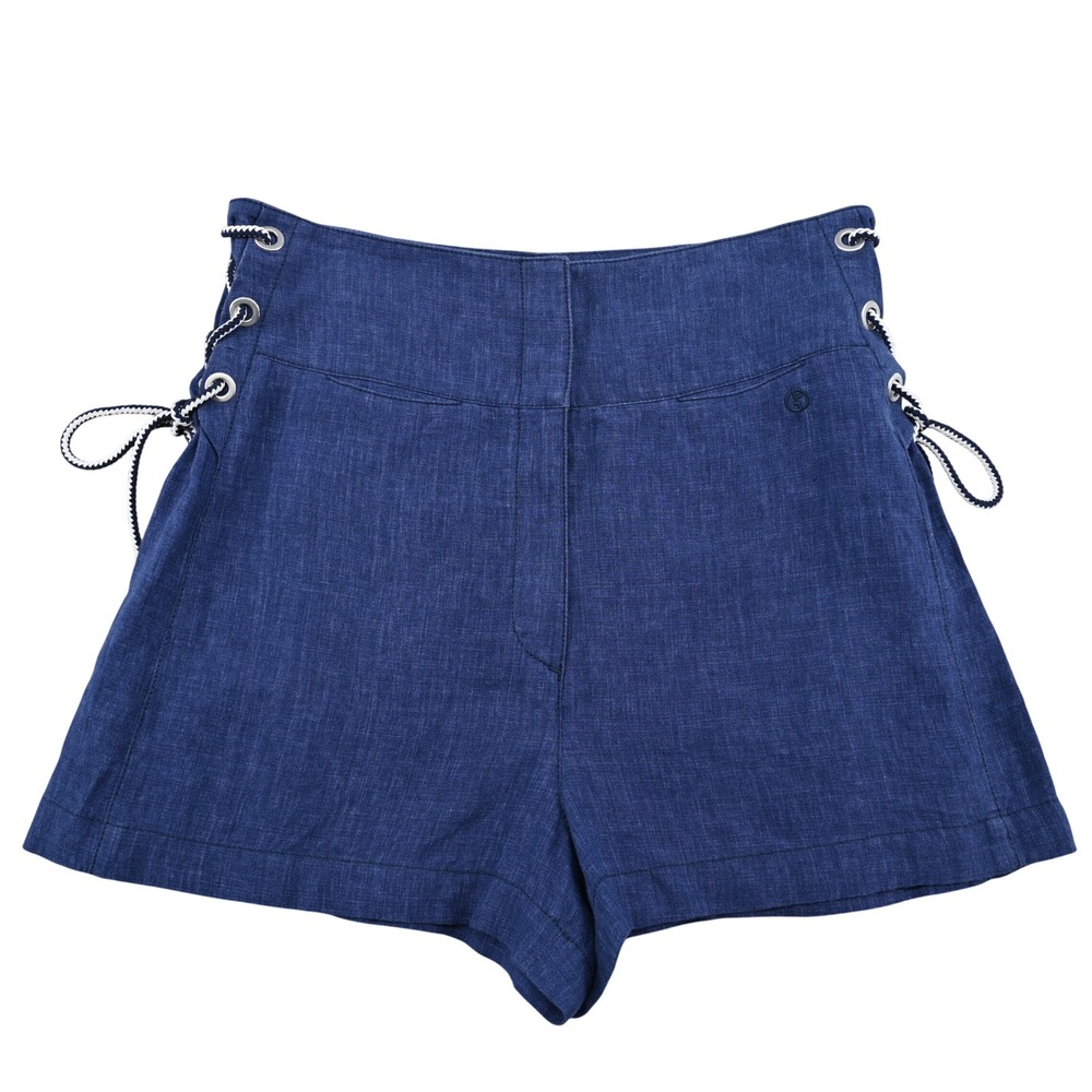 Giorgio Armani Linen Lace Up High Waisted Shorts Blue Luxe Resort 48 EU/12 US